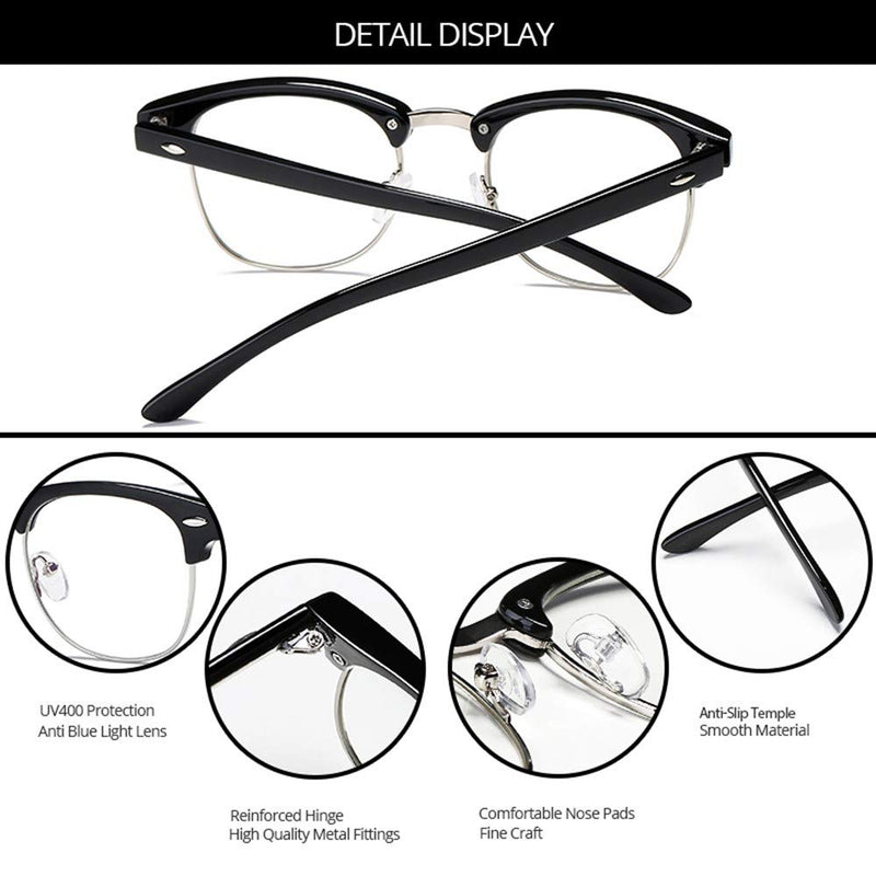 LNTICB� Blue Light Blocking Glasses Computer Reading Glasses Retro Eyeglasses Frame Anti UV Transparent Lens Anti Eye Fatigue Lightweight Fashion Professional Unisex for Smartphone Screens Computer TV Silver Black - BeesActive Australia