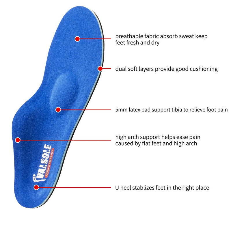 Valsole Orthotic Insole High Arch Foot Support Soft Medical Functional Insoles, Insert for Severe Flat Feet,Plantar Fasciitis,Feet Pain, Foot Valgus for Man and Woman (6.5-7 UK-260mm, Blue) 6.5-7 UK-260mm - BeesActive Australia