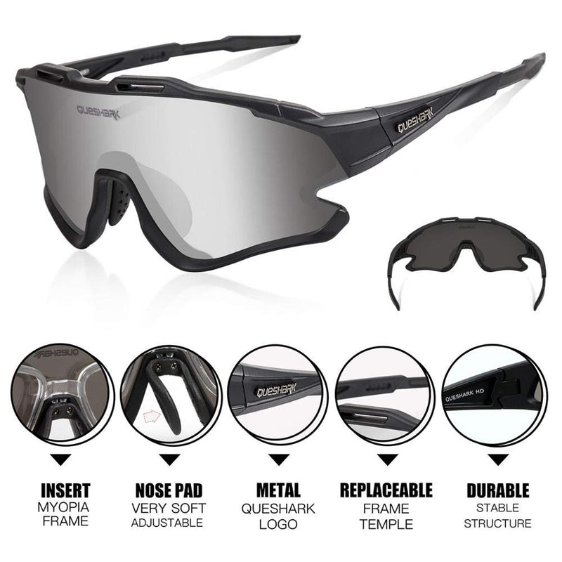 Queshark Sports Cycling Sunglasses 4 Lens Anti UV400 for Men Women HD Polarized Black - BeesActive Australia