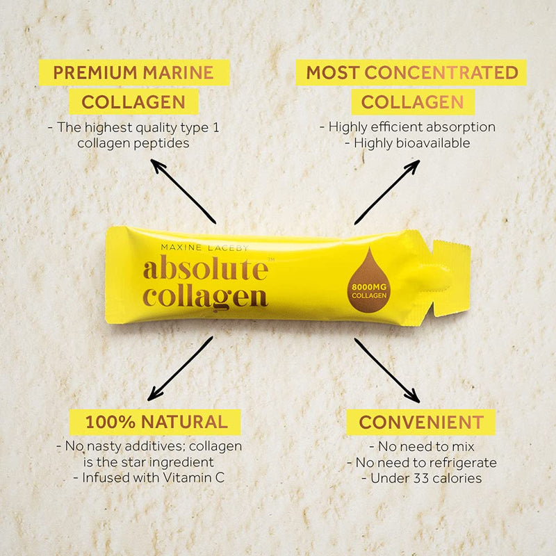 Absolute Collagen Marine Liquid Collagen Supplement for Women - Original Lemon Flavour - Higher Absorption Than Tablets or Powder - 14 x 8000 mg Collagen Sachets per Box 14 Count (Pack of 1) - BeesActive Australia