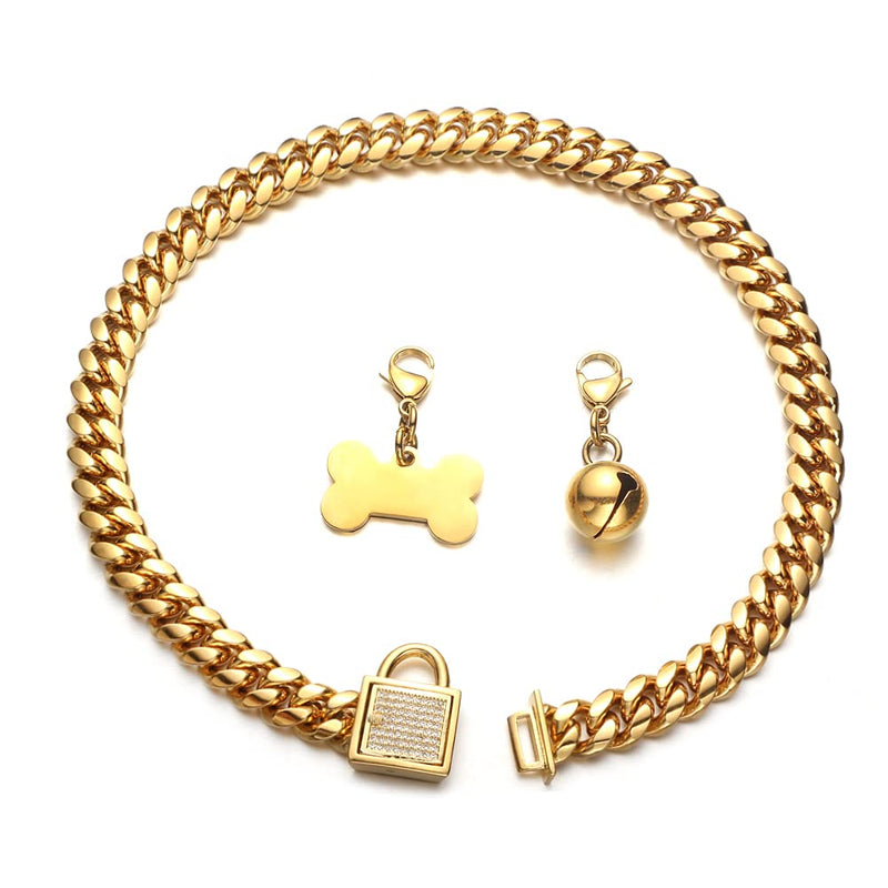 Aiyidi Gold Dog Chain Collar 10mm Wide Cuban Link Puppy Collar Golden Dog tag Golden Bell Stainless Steel with Bling Cubic Zirconia Secure Buckle Choke Collar for Dogs(10'') 10inch(for 8-9.5inch dog's neck) - BeesActive Australia