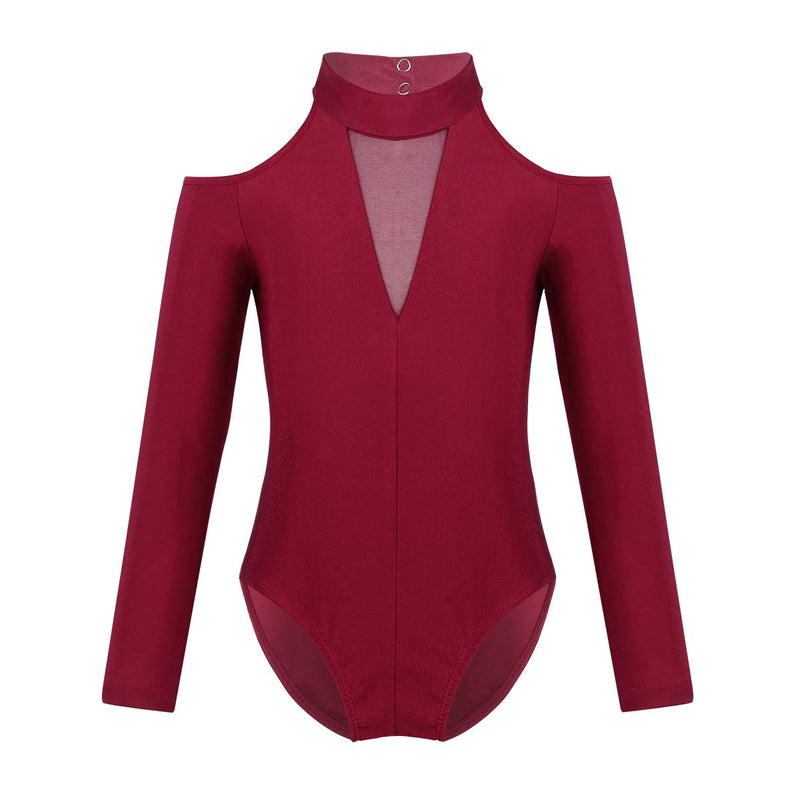 [AUSTRALIA] - iEFiEL Girls Team Basic Stretch Mock Neck Long Sleeve Leotard Cutout Back Gymnastics Ballet Dance Outfit Burgundy 8 / 10 