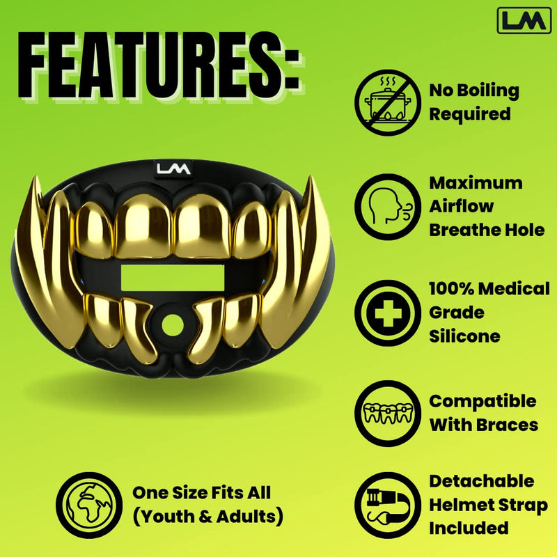 Loudmouth Football Mouth Guard - 3D Chrome Beast Football Mouthpiece, Fits Adult & Youth, Mouth Guard Football Accessories (3D Beast - Chrome Black/Gold) 3d Beast - Chrome Black / Gold - BeesActive Australia