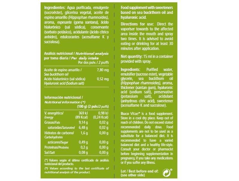 Vitae BucoVitae 15ml | Canker Sores Spray | Throat Care | Hyaluronic Acid and sea Buckthorn | Hydration - BeesActive Australia