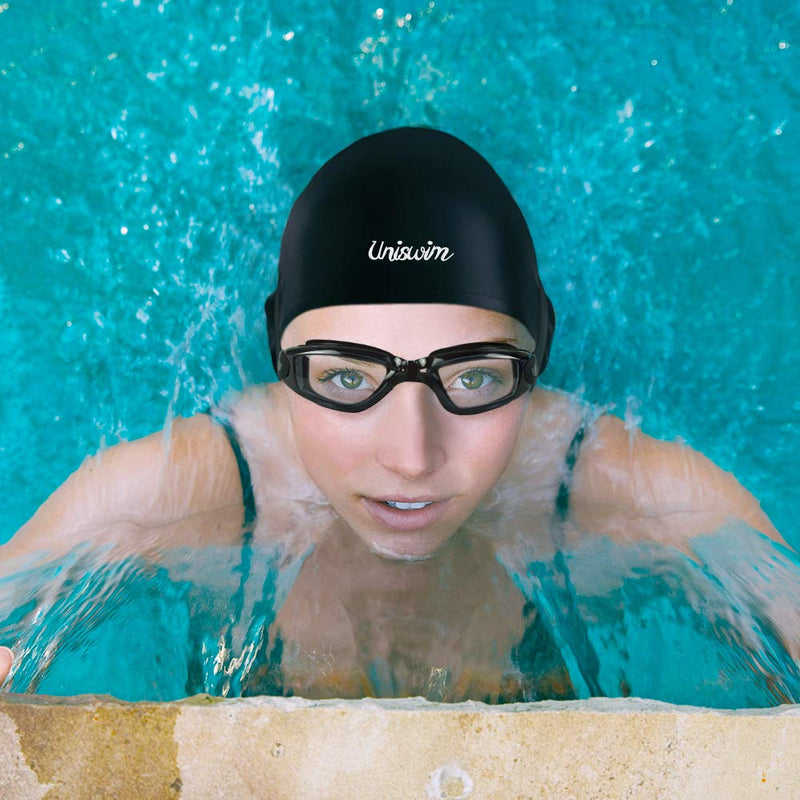 Uniswim Swimming Goggles Swim Cap Set,Anti Fog Swim Goggles Silicone Swimming Cap for Adults Black - BeesActive Australia