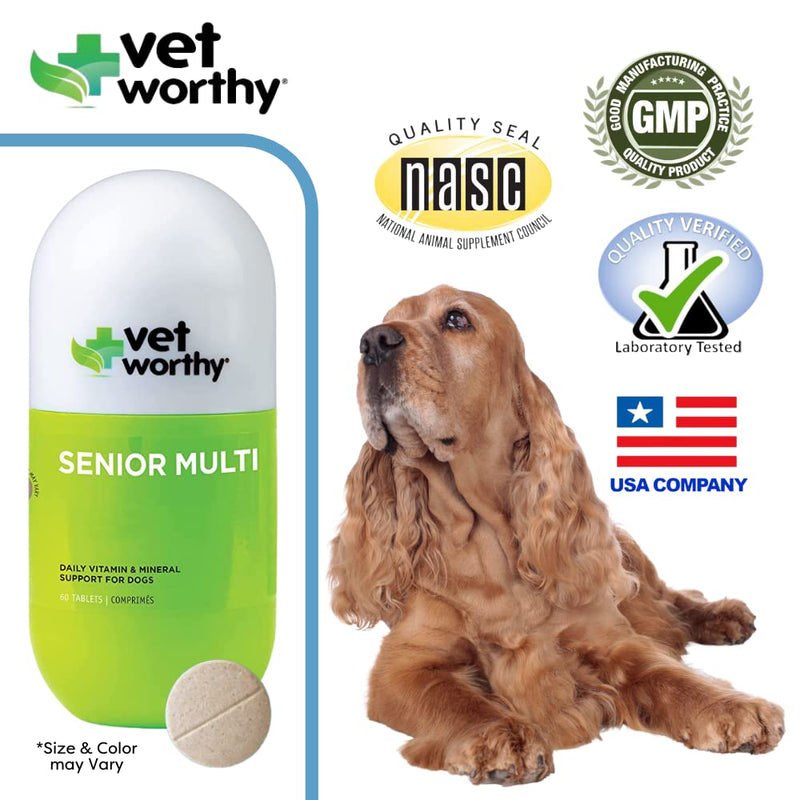 Vet Worthy Senior Multivitamin Chewable for Dogs - Antioxidants and Nutritional Support - Daily Support - Essential Vitamins, Minerals, & Enzymes- Liver Flavor Chewable for Dogs - 60 Tablets - BeesActive Australia