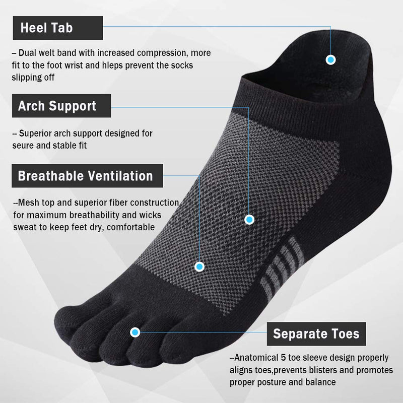 Toe Socks No Show Five Finger Socks Running Toe Socks for Men Women 4-6 Pack Black/3 Pair - BeesActive Australia