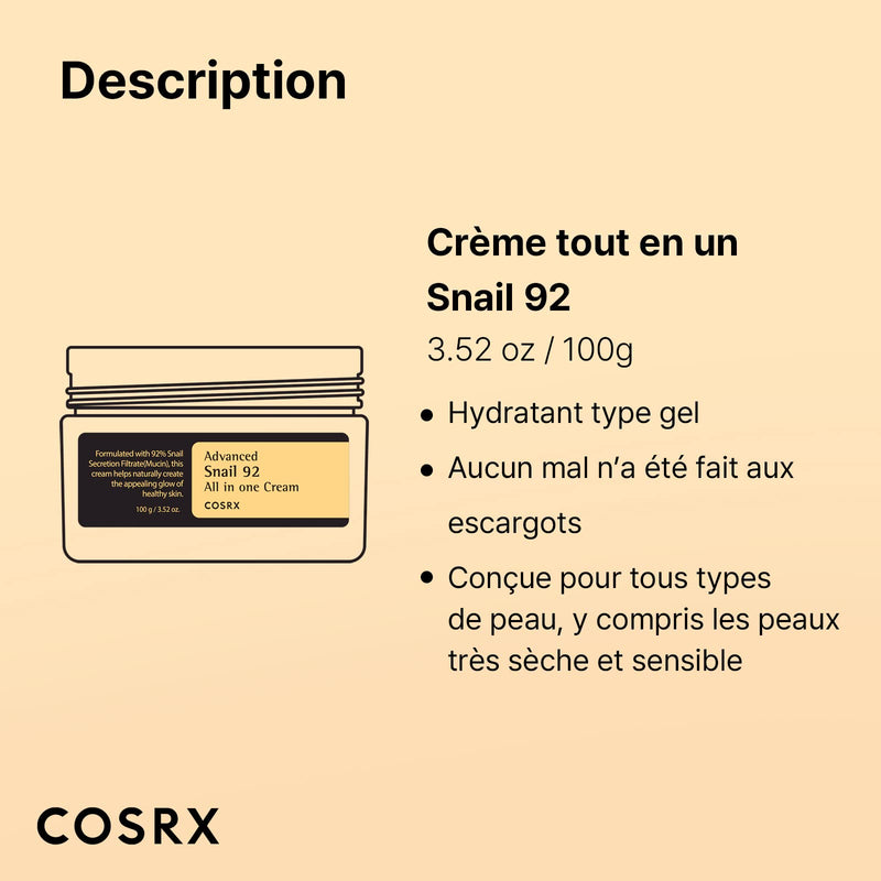 COSRX Snail Mucin 92% Repair Cream 3.52 oz, Daily Face Gel Moisturizer for Dry Skin, Sensitive Skin, Not Tested on Animals, No Parabens, No Sulfates, No Phthalates, Korean Skincare (Small, 3.52 OZ) 3.52 Ounce (Pack of 1) - BeesActive Australia