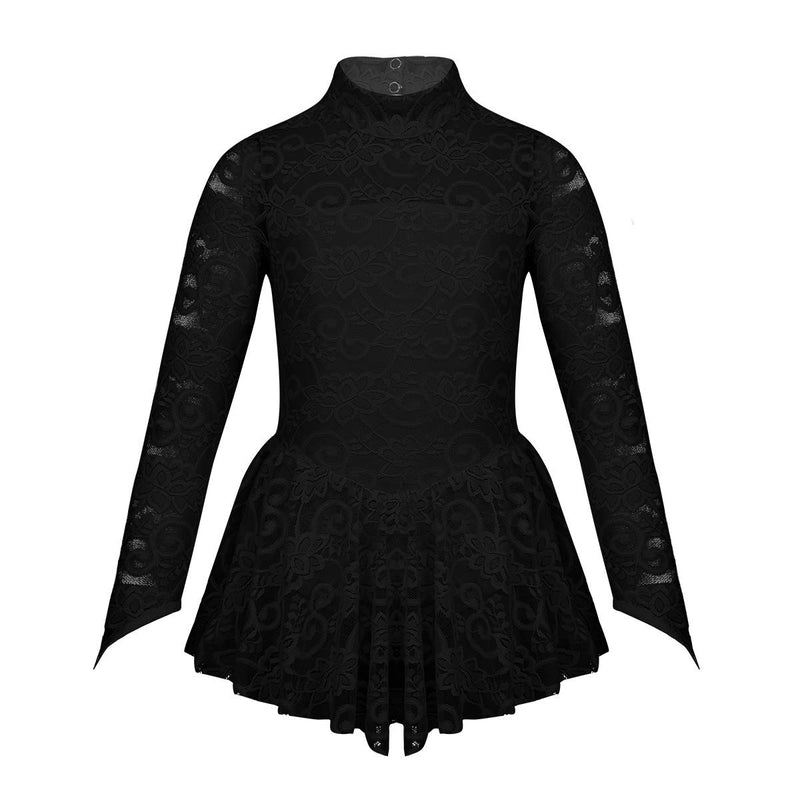 [AUSTRALIA] - easyforever Kids Girls Figure Skating Roller Skater Leotard Dress Floral Lace Long Sleeve Tutu Skirt Dancewear Black 13-14 