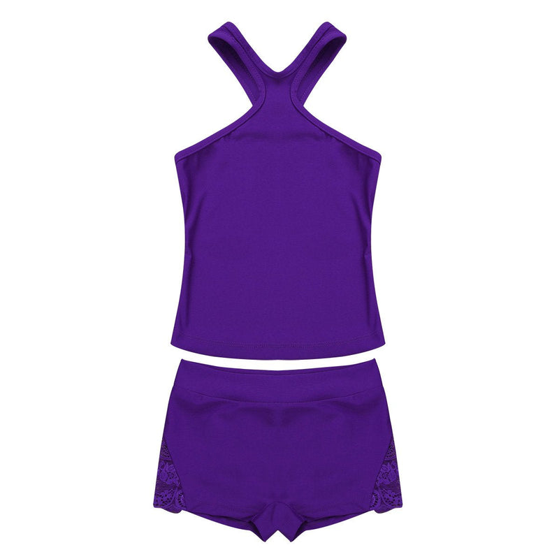 iEFiEL Girls Gymnastics Dance Crop Tank Top with Shorts Set for Athletic Booty Short Swimming Swimwear Purple Racer 10 - BeesActive Australia