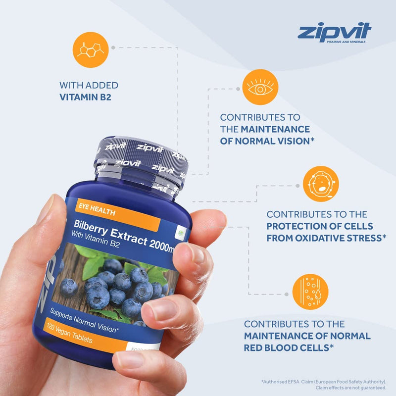 Bilberry Extract 2000mg with Added Vitamin B2, 120 Vegan Tablets. Supports Normal Vision. Vegetarian Society Approved. UK Supplier - BeesActive Australia