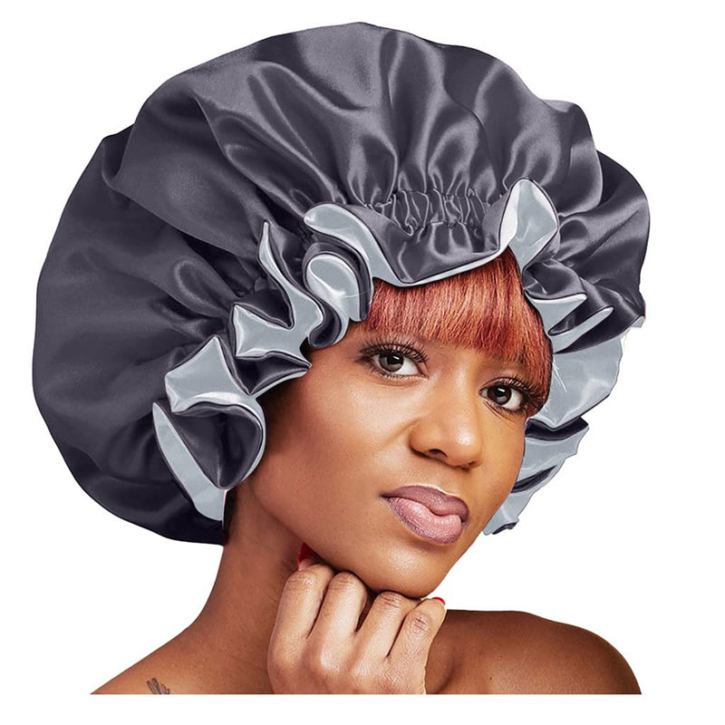 Women Double Layer Satin Bonnet Sleep Cap for Long Curly Hair 2 Color Reversible Adjustable Silky Satin Cap Extra Large (2PC-black+red) 2PC-black+red - BeesActive Australia