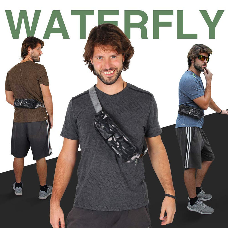 WATERFLY Fanny Pack for Women Men Water Resistant Small Waist Pouch Slim Belt Bag with 4 Pockets for Running Travelling Hiking Walking Lightweight Crossbody Chest Bag Fit All Phones Z-Camouflage Black - BeesActive Australia