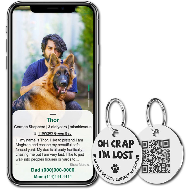 MYLUCKYTAG Stainless Steel QR Code Pet ID Tags Dog Tags - Pet Online Profile - Scan QR Receive Instant Pet Location Alert Email Im Lost,silver - BeesActive Australia