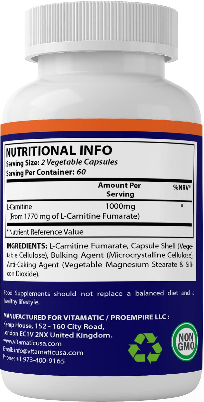 Vitamatic L-Carnitine Fumarate 1000 mg - 120 Vegetable Capsules - BeesActive Australia
