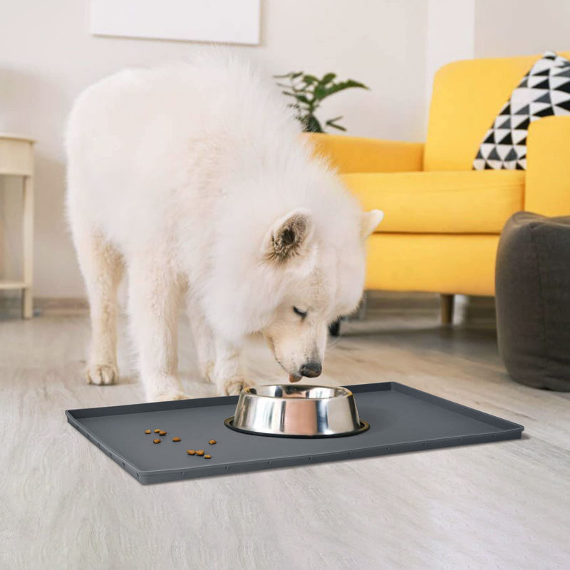 EIOKIT Dog Food Mat,Silicone Waterproof Dog Cat Food Tray,Non Slip Pet Bowl Mats Placemat,Size:(18.5" x 11.5") 0.6",(24" x 16") 0.6",(28" x 18") 0.8",(32" x 24") 1" Raised Edge 18.5" x 11.5" Grey - BeesActive Australia