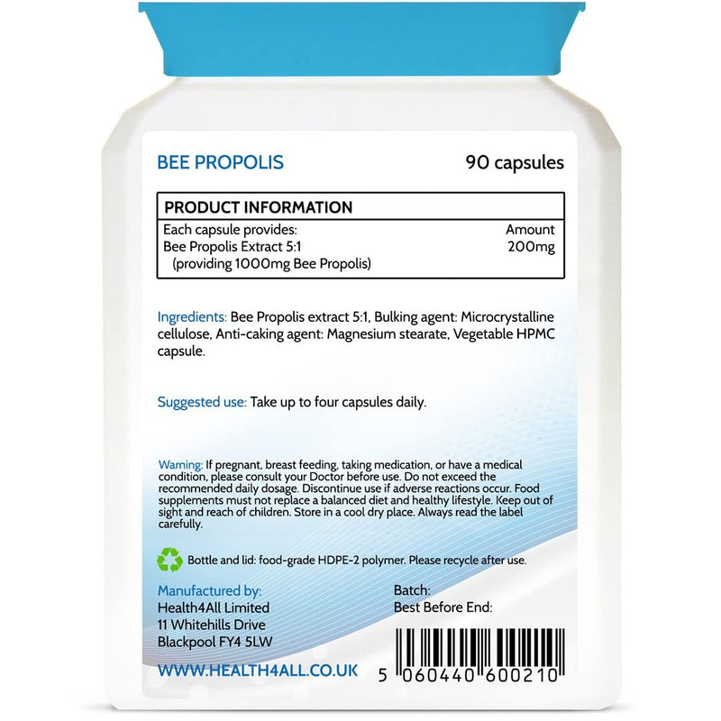 Bee Propolis High Strength 1000mg 90 Capsules (V) Immune System Booster Natural Immune Support Supplement Rich in Functional antioxidants. Made in The UK by Health4All 90 Count (Pack of 1) - BeesActive Australia