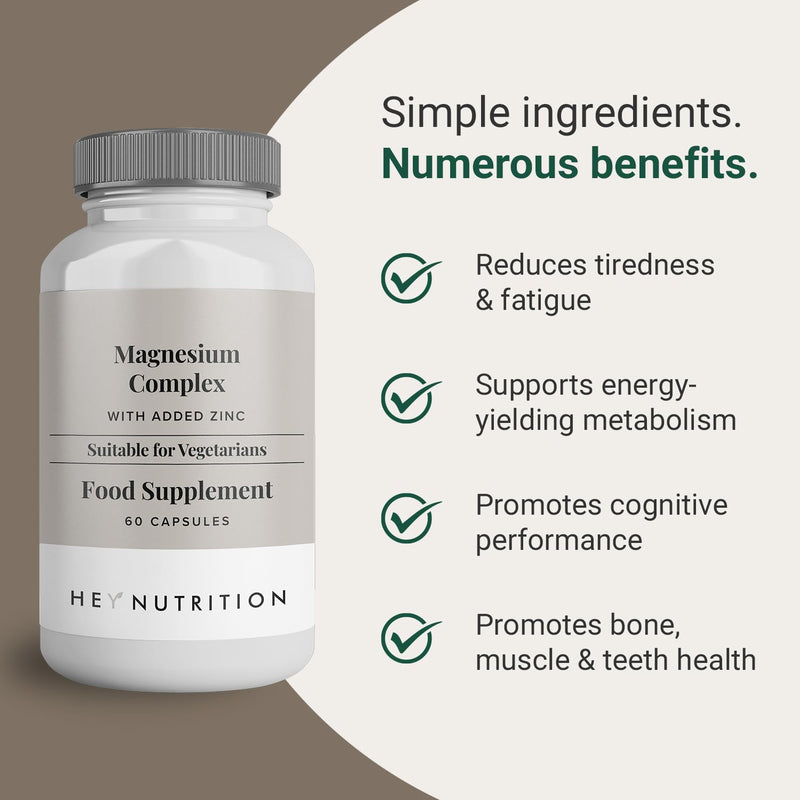 Hey Nutrition Magnesium Complex High Strength 205mg Supplement - Zinc & Vitamin D3 - Muscle and Bone Health, Nerve Function and Energy Support - UK Manufactured - Non-GMO, 60 Vegan Capsules 60 Count (Pack of 1) - BeesActive Australia