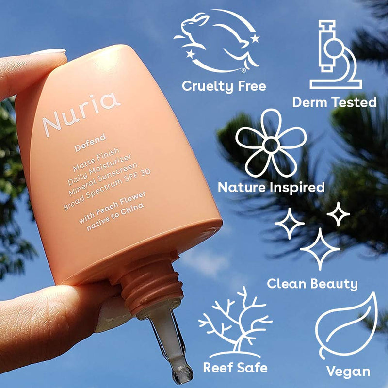 Nuria Beauty | Defend Matte Finish Daily Moisturizer with All-Mineral SPF 30, Broad Spectrum Sunscreen with Peach Flower to Shield & Protect Skin | 25 mL | Clean Beauty, Cruelty-Free & Vegan - BeesActive Australia