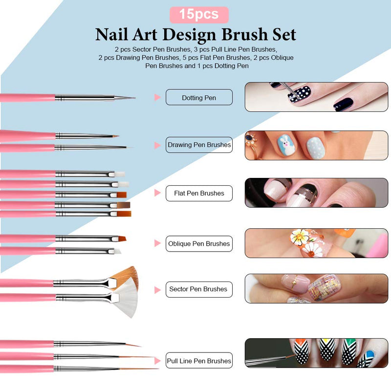 Nail Pen Designer, Teenitor Stamp Nail Art Tool with 15pcs Nail Painting Brushes, Nail Dotting Tool, Nail Foil, Manicure Tape, Color Rhinestones for Nails A-Pink - BeesActive Australia