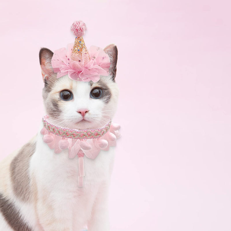 Birthday Hat Scarf Set for Pet Puppy Cat, Cute Lace Bandana Bib Scarf Crown Hat Princess Costume for Cats Small Dogs, Outfit for Birthday Party Pink - BeesActive Australia