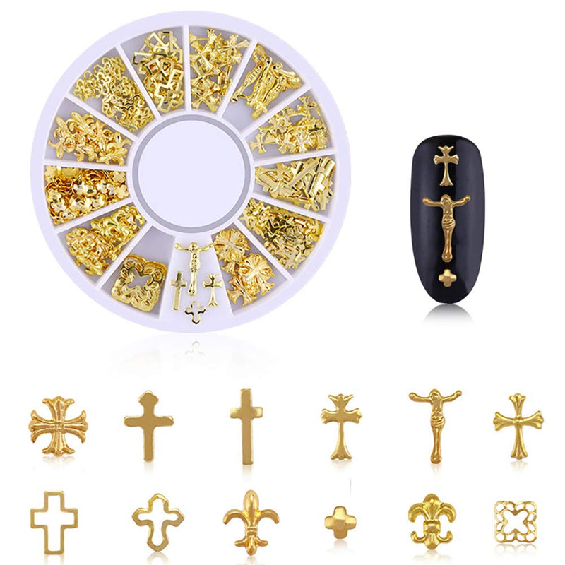 DANNEASY 6 Wheels 3D Gold Nail Studs Metal Nail Charms Nail Art Rivets Manicure Decoration Kit Star Moon Shell Cross Flower With 1Pc Curved Tweezers And Wax Pen Kit 1 - BeesActive Australia