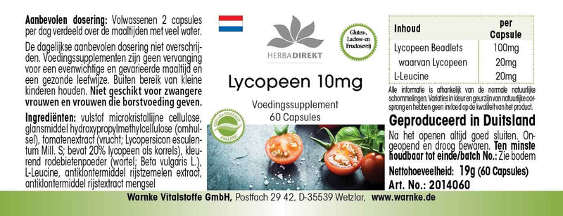 Lycopin with Tomato Extract 10�mg, 60�Capsules Vegi 19�g Pack of 1 | HERBADIREKT by Warnke Vitalstoffe - BeesActive Australia