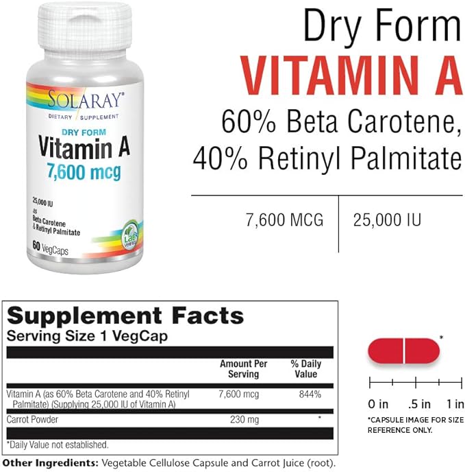 Solaray - Dry Vitamin A 25000 IU - 60 Capsules - BeesActive Australia