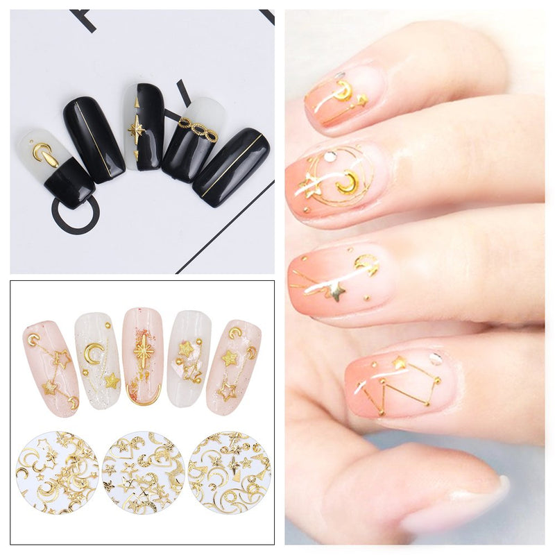 Frenshion 1 Set 3D Hollow Moon Stars Alloy Glitter Rivet Nail Stickers and Gold Silver DIY Nail Art Decoration Line Nail Art Decoration Strip Line Set Kit Perfect for Manicure Pedicure - BeesActive Australia