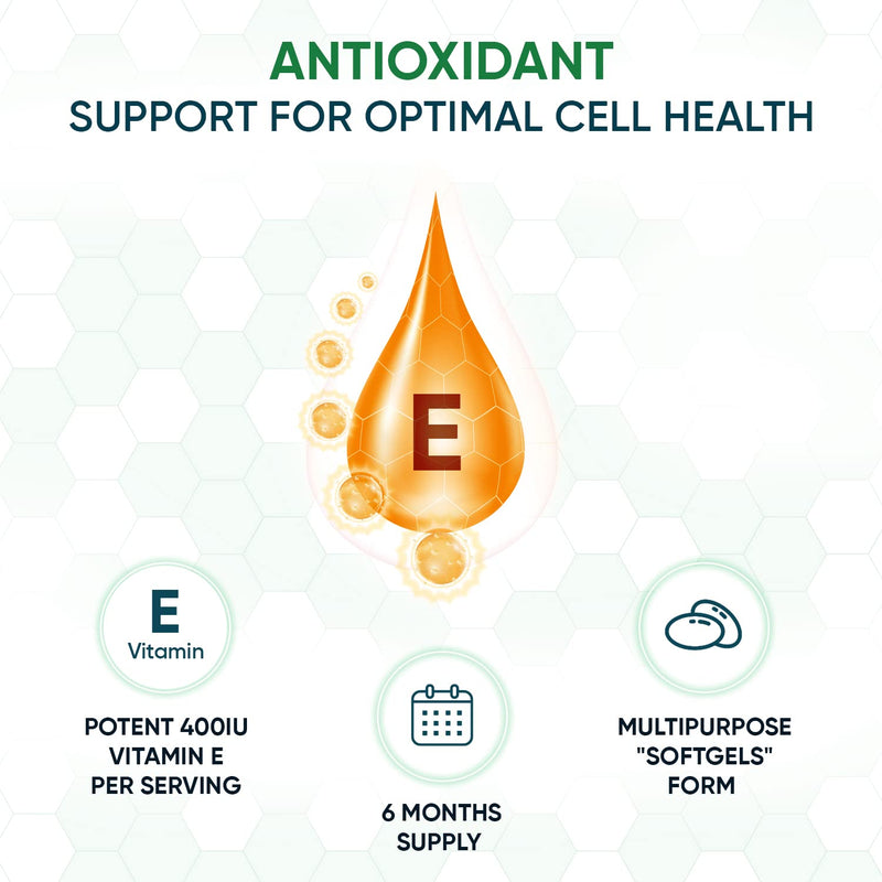 Vitamin E Capsules Softgels 400IU (Advised Intake) - 180 Vit E Softgels (6 Month Supply) - High Strength Vitamin E Oil Capsule - Hair Nail Skin Supplement - Natural Alpha Tocopheryl (Not Vit E Tablet) - BeesActive Australia