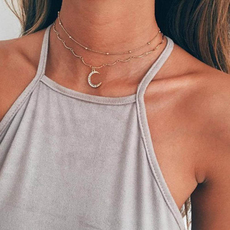 TseanYi Boho Moon Pendant Necklace Silver Satellite Chain Layered Necklaces Choker Horn Crescent Clavicle Chain Necklace Jewelry for Women and Girls (Silver) - BeesActive Australia