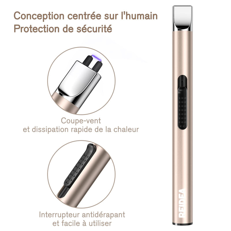REIDEA Electronic Candle Lighter Arc Windproof Flameless USB Rechargeable Lighter with Safe Button for Home Kitchen Champagne Gold - BeesActive Australia