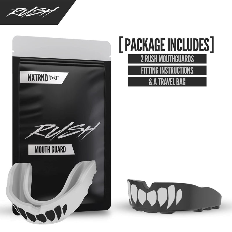 2 Pack Nxtrnd Rush Mouth Guard Sports, Professional Mouthguards for Boxing, Jiu Jitsu, MMA, Wrestling, Football, Lacrosse, and All Sports, Fits Adults, Youth, and Kids 11+ (B&W Fang) Black & White Fangs - BeesActive Australia