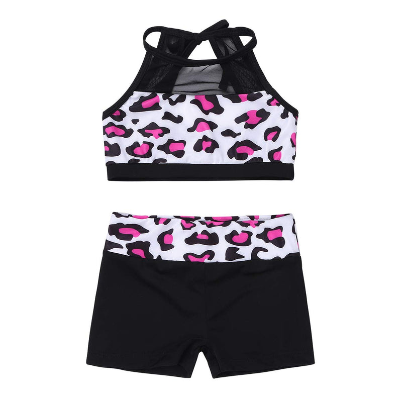 [AUSTRALIA] - ranrann Kids Girls 2PCS Mesh Leopard Ballet Dance Gymnastic Unitard Halter Athletic Tank Top with Bottoms Set Rose Red 5 / 6 