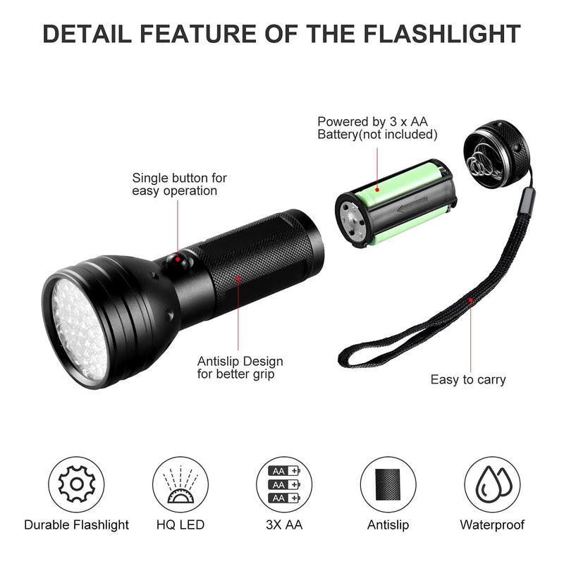 Tokeyla UV Flashlight Black Light, 51 LED UV Light Handheld Blacklight, Pet Urine Detectors 395nm Detector for Pet Urine, Dog/Cat Urine Stains, Bed Bug and Scorpions（Battery Not Included） - BeesActive Australia