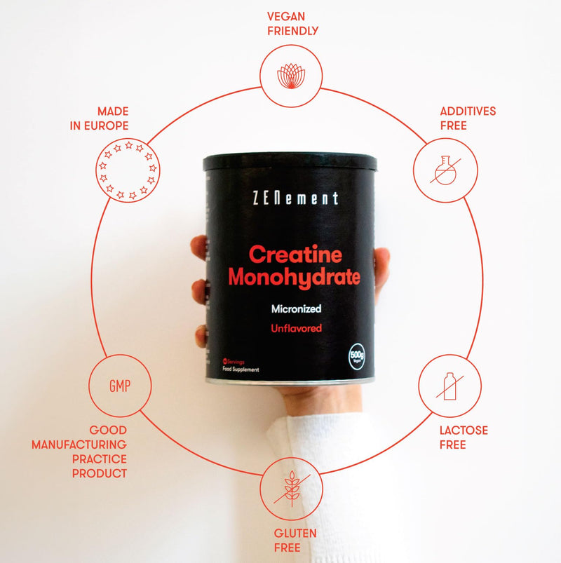 Creatine Monohydrate Pure Powder, 500g (5-Month Supply) | Micronized, Flavorless | Sports Performance, Endurance, Strength, Energy | Vegan, Additives Free, Gluten-Free, GMP, Made in Europe | Zenement - BeesActive Australia
