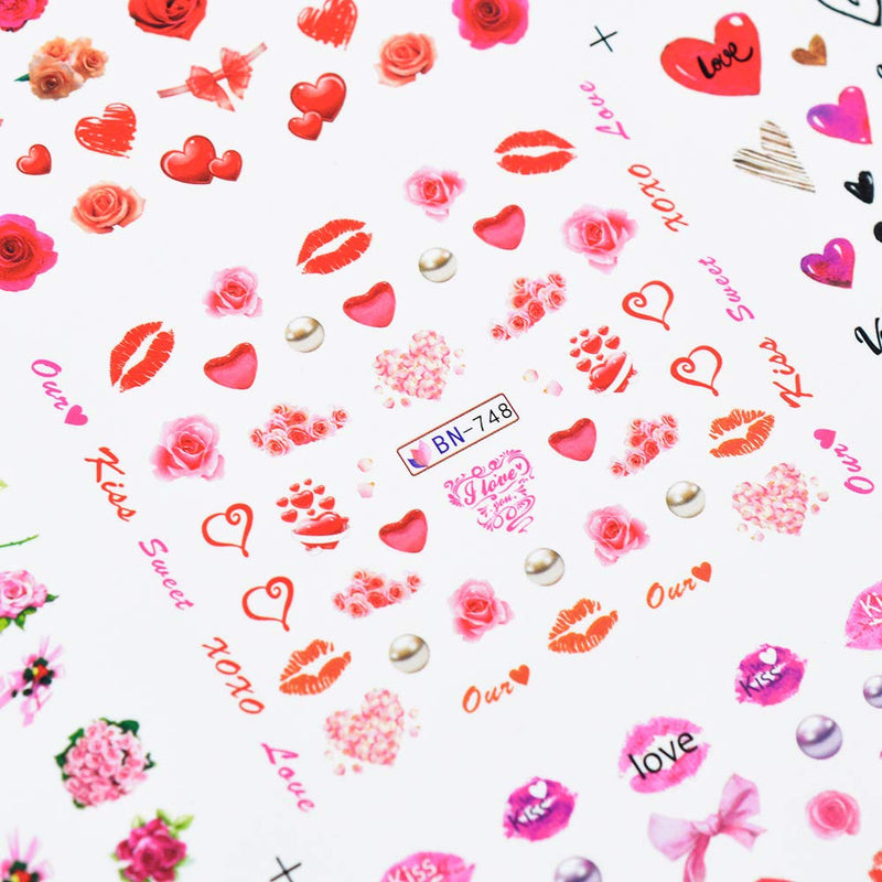 Mori Elves 24 Sheets Valentine Nail Art Stickers Valentines Day Nail Heart Water Transfer Decal Rose Lips Lipsticks Love for Women Girls DIY Nail Design Manicure Accessories - BeesActive Australia