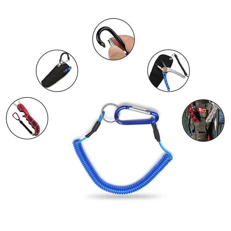LAIBOREC Fishing Lanyards, 7PCS Retractable Steel Wire Coiled Lanyard Safety Fishing Tool Ropes Accessories with Carabiner and Split Ring for Pliers Lip Grips Tackle, Boating, Kayak (Blue) - BeesActive Australia