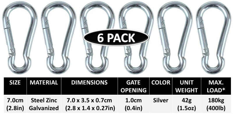 Branded Boards Black & Silver Heavy Duty Bushcraft Zinc-Galvanized Steel Carabiner Spring Snap Clip Link Hooks. 200-400lb Load. 6 Packs, 12 Packs and Variety Packs. Silver-7cm-6 Pack - BeesActive Australia
