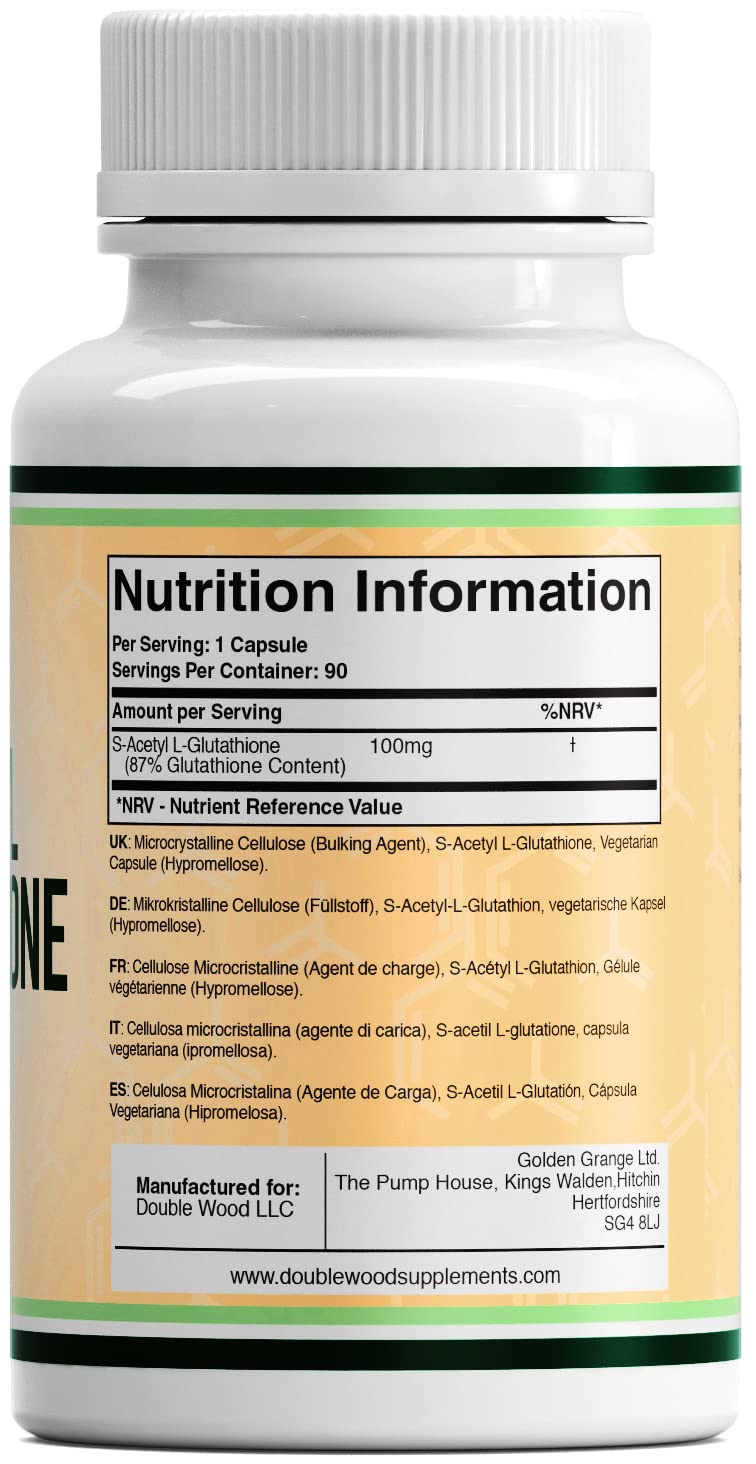 Double Wood Glutathione Supplement | 90 S-Acetyl L-Glutathione Capsules - 100mg per Serving | L Glutathione Antioxidant Supplement | Non-GMO & Gluten Free 90 Capsules - BeesActive Australia