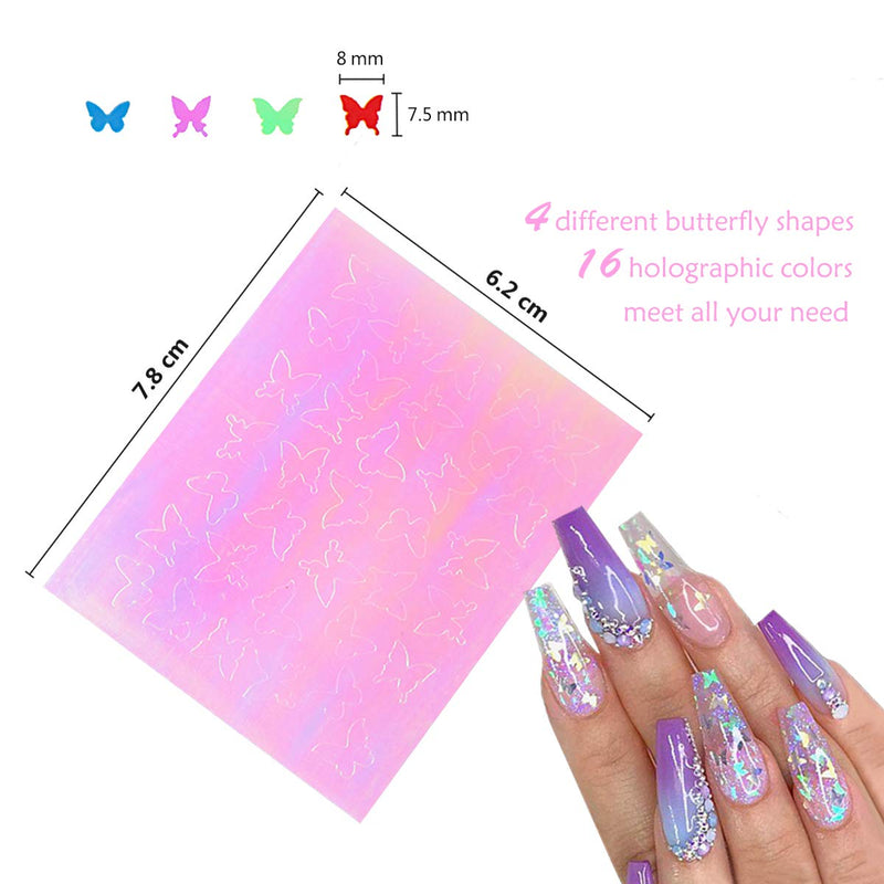 Butterfly Nail Sticker, FITDON 16pcs Holographic Butterfly Nail Art Decals 3D Vinyls Nail Stencil for Nails Manicure Tape Adhesive Foils DIY Decoration - BeesActive Australia