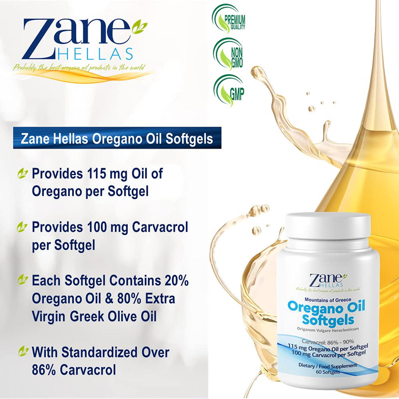 Zane Hellas Oregano Oil Softgels. Extra Strength. Every Softgel Contains 20% Greek Essential Oil of Oregano. 100 mg Carvacrol per Softgel.60 Softgels. - BeesActive Australia