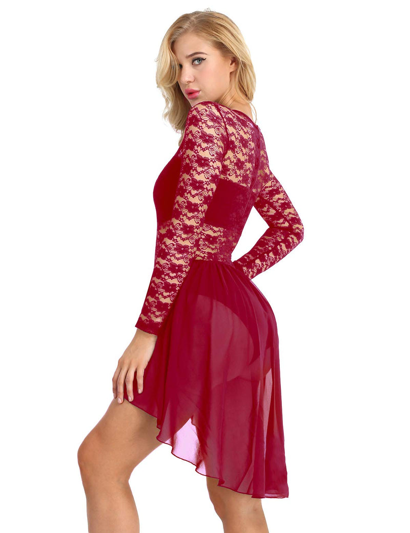 [AUSTRALIA] - iiniim Women Floral Lace High-Low Leotard Dance Dress Lyrical Modern Contemporary XX-Large Burgundy 