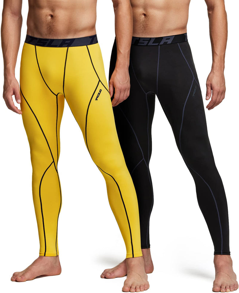 TSLA 1 or 2 Pack Men's Thermal Compression Pants, Athletic Sports Leggings & Running Tights, Wintergear Base Layer Bottoms Medium 2pack Tights Black&charcoal/ Yellow - BeesActive Australia