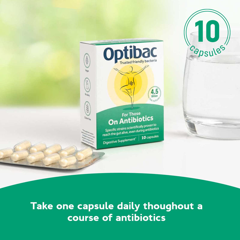 OptiBac for Those on Antibiotics | 4 Billion Friendly Bacteria Natural Supplement Course | Lactobacillus Acidophilus & Lactobacillus Rhamnosus | Researched Alongside Antibiotics | 10 Capsules, pack of 10 capsules - BeesActive Australia