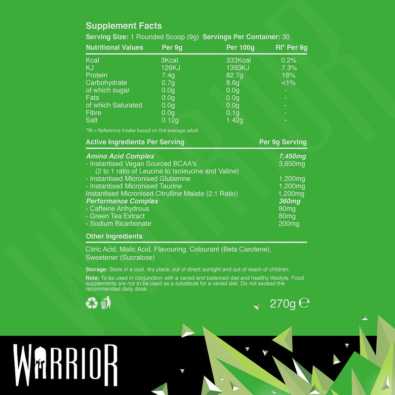 Warrior, Amino Blast - 270g - Branch Chain Amino Acid Powder (BCAA) - Helps Build Lean Muscle and Speed Up Recovery, Sour Apple - BeesActive Australia