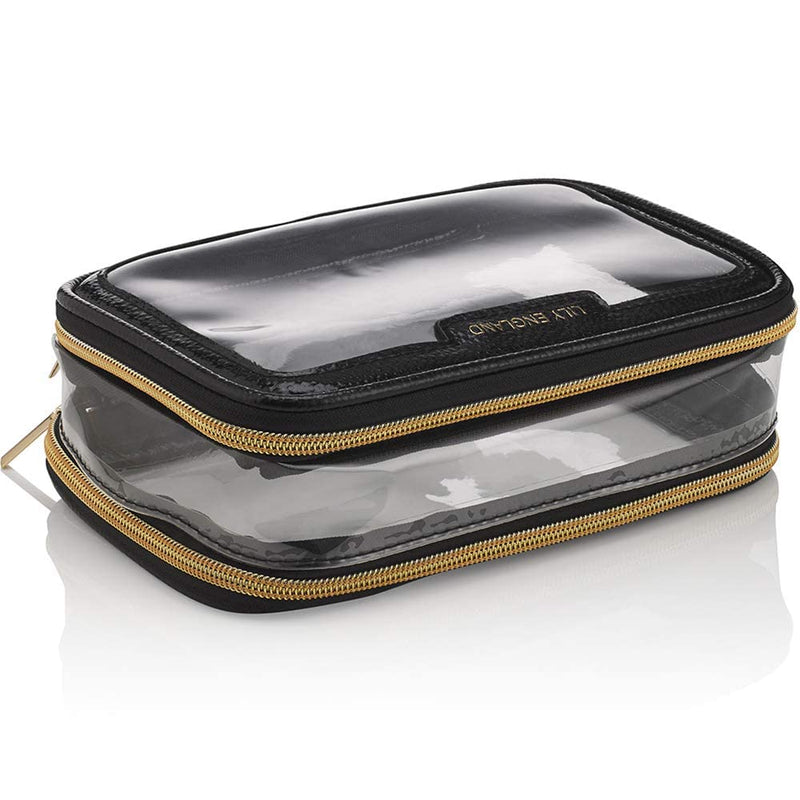 Clear Travel Makeup Bag Organiser - Small Portable Airport Toiletry Cosmetic Case by Lily England, Black and Gold - BeesActive Australia