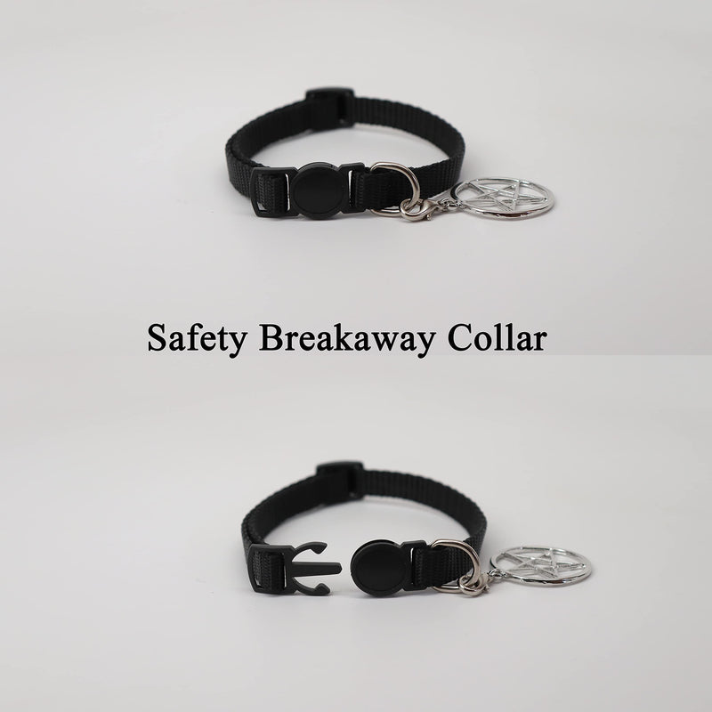 Black Cat Collar with Wiccan Pagan Pentacle Silver Finish On Safety Breakaway Collar Adjustable Neck Size 8 to 12 Inches - BeesActive Australia