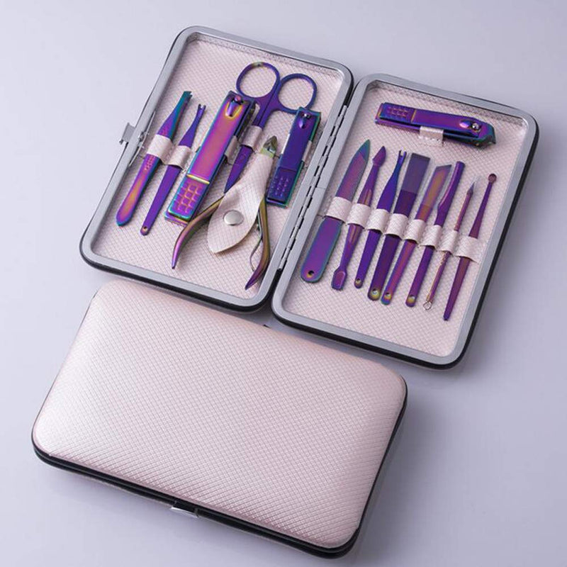 Holographic Manicure Set Nail Clippers 15 Pcs Stainless Steel Professional Grooming Kit Pedicure Tools Travel Case for Women Purple - BeesActive Australia