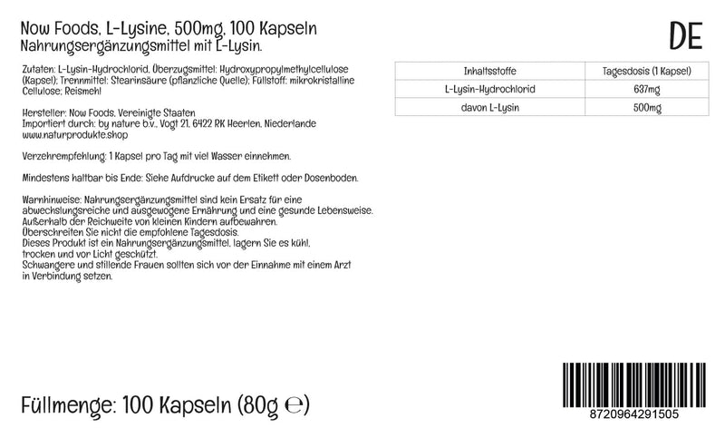 Now Foods, L-Lysine, 500mg, 100 Vegan Capsules, Amino Acid, Lab-Tested, Gluten-Free, Soy-Free, GMO-Free - BeesActive Australia
